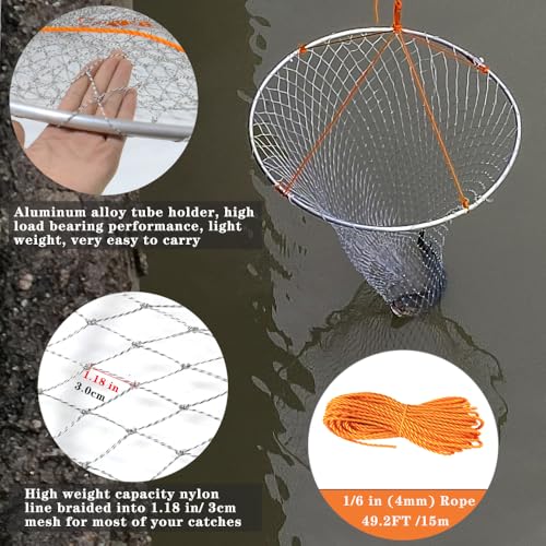 Drasry Foldable Bridge and Pier Fishing Landing Net - High Load-Bearing Aluminum Ring Drop Net for Saltwater Freshwater - Collapsible Basket With 49.2 FT Rope - color: silver, size: 31.5*31.5*41 IN / 80*80*104cm, style: 1.18*1.18 in Mesh