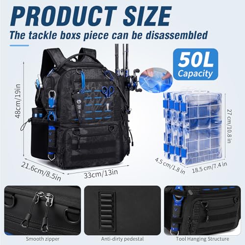 Fishing Tackle Backpack with Tackle Boxes, Two Rod Holders, Bottle Holder, 50L Waterproof Tackle Bag for Fishing Gear, Fish Gifts for Men, Black Camo (4 Tackle Boxes Included - color: Black Camo（4 Tackle Boxes Included）