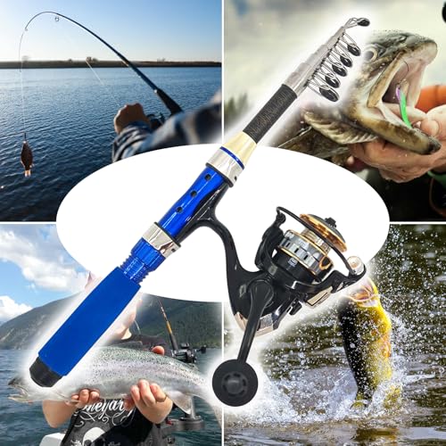 Portable Compact Small Fishing Rod and Reel Combos, 4.9Ft Telescopic Fishing Pole and Metal Spool Reel with Line, Hook, Lure, Bag for All Season Travel Fishing, for Teens & Beginners - color: Blue- Fishing Rod and Reel