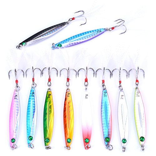 Aorace 10pcs Hard Metal Jigs Diving Sea Fishing Lures Minnow Popper Baits Tackle Crankbait Saltwater Freshwater Lures with Feather - color: 10pcs 7cm/21g