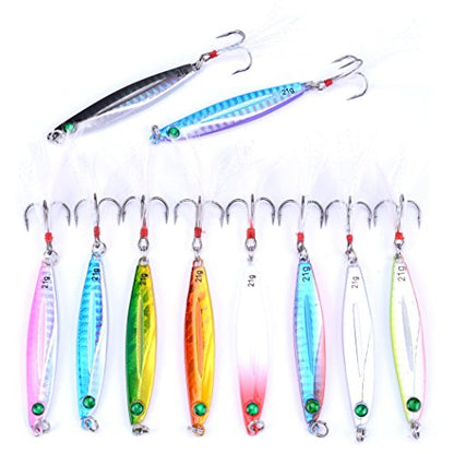 Aorace 10pcs Hard Metal Jigs Diving Sea Fishing Lures Minnow Popper Baits Tackle Crankbait Saltwater Freshwater Lures with Feather - color: 10pcs 7cm/21g