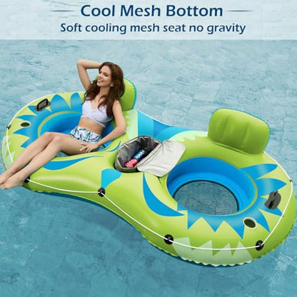 Jasonwell Inflatable River Tube Float - 2 Person Heavy Duty River Float Pool Floats with Removable Cooler Lake Water Tubes for Floating River Raft Lounge Floatie with 2 Cup Holders for Adults (YG) - style: Owl-Lime