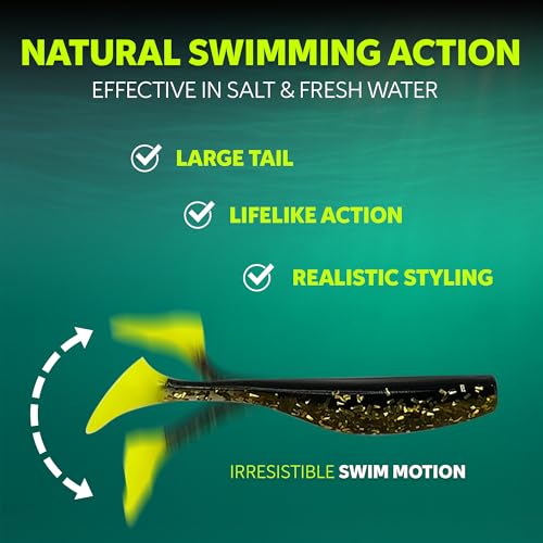 Soft Plastic Paddle Tail Swimbaits – 3 1/4", 4" & 5" Soft Plastic Fishing Lures with Extra-Large Tail for Lifelike Swimming Action – Freshwater & Saltwater - color: Gold with Chartreuse Tail, size: 3 1/4 Inch - 12 Pack