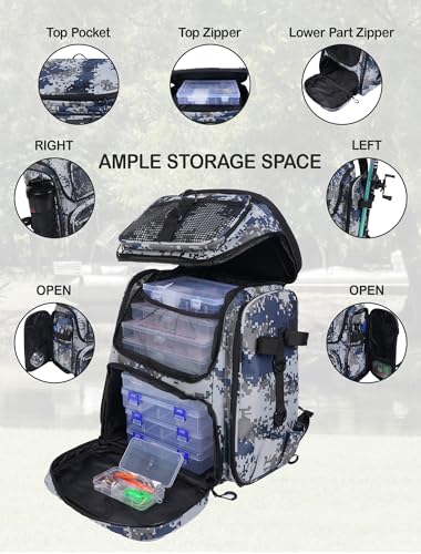 Handor Fishing Tackle Backpack, 50L Capacity, Waterproof Fishing Gear Bag (Camouflage gray) - color: Camouflage Gray