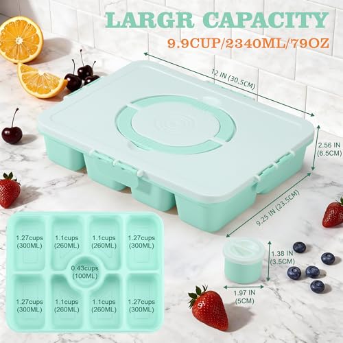 Snackle Box Container, Divided Serving Tray with Lid and Handle, 9 Compartments Snack Box Container for Adults, Portable Charcuterie Serving Platter for Candy Fruit, 9.9 Cups, Seafoam Green - color: Seafoam Green