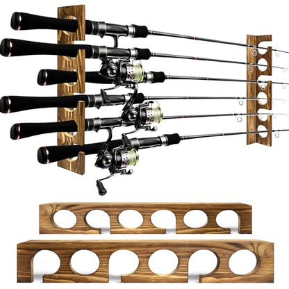 Wood Fishing Rod Holders, Fishing Rod Rack for Wall or Ceiling Mounted Fishing Pole Holders Up to 6 Fishing Rod Storage, Fishing Pole Rack for Garage Organization