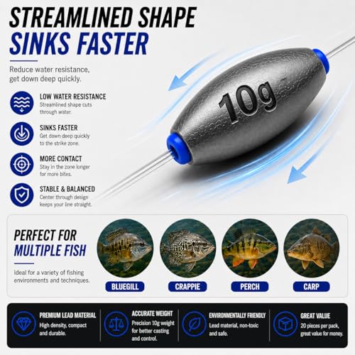 Egg Sinkers Fishing Weights, Oval Slip Sinkers Bullet Lead Fishing Weights for Freshwater Saltwater Tackle Set 1/8oz to 1oz - size: 3/8oz-10g-15pcs