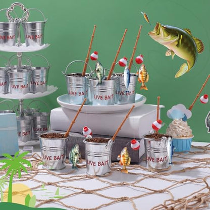 Soulchen 24 Pcs Mini Fishing Birthday Party Decorations Include 12 Fish Cupcake Pole Picks 12 Mini Tackle Live Bait 12 Bobber for Gone Fishing Theme Supplies Ocean Party Cake Decoration - style: Live Bait