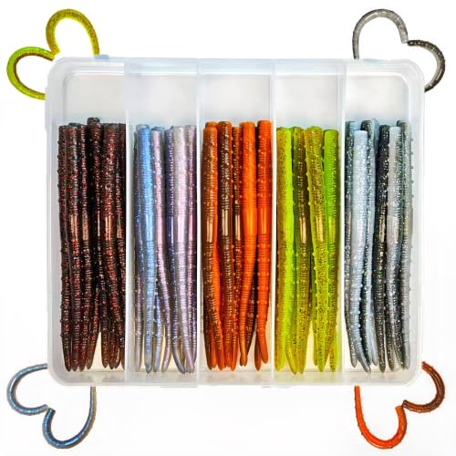 Senko Worms for Bass Fishing, 5” Soft Plastic Stick Baits 50PCS, Floating TPE Ned Rig Worm Kit, Durable Stretchy Bass Lures for Wacky, Texas Rig Freshwater Saltwater