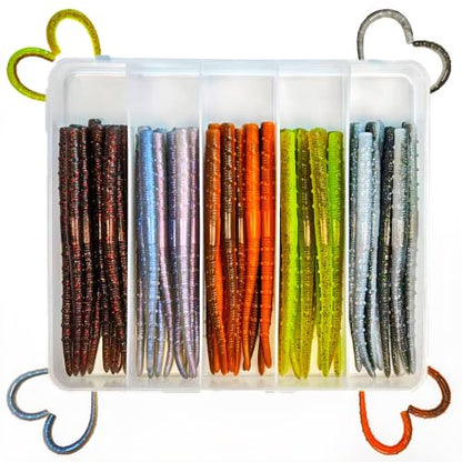 Senko Worms for Bass Fishing, 5” Soft Plastic Stick Baits 50PCS, Floating TPE Ned Rig Worm Kit, Durable Stretchy Bass Lures for Wacky, Texas Rig Freshwater Saltwater