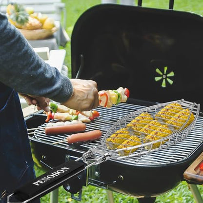 Fish Grill Basket, Heavy Duty Stainless Steel Grilling Basket with Removable Wooden Handle & Bonus Basting Brush, BBQ Accessories for Outdoor Camping Picnic, Cook Whole Fish, Seafood, Vegetables