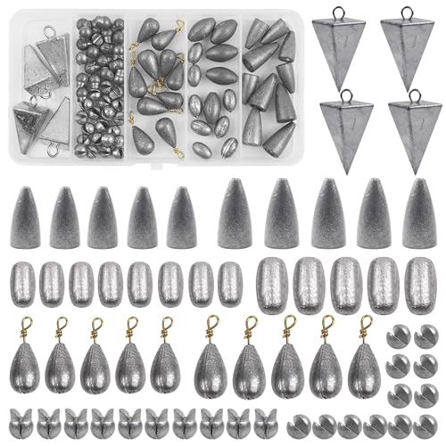 Fishing Weights Sinkers, 77pcs Drop Bass Weights Sinker Saltwater Casting Fishing Sinkers Assortment Set Pyramid Sinker Bullet Worm Weight Catfish for Freshwater Surf Fishing
