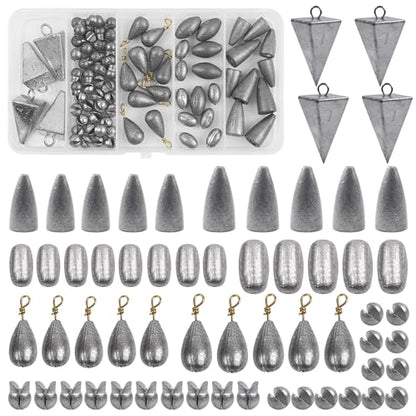 Fishing Weights Sinkers, 77pcs Drop Bass Weights Sinker Saltwater Casting Fishing Sinkers Assortment Set Pyramid Sinker Bullet Worm Weight Catfish for Freshwater Surf Fishing