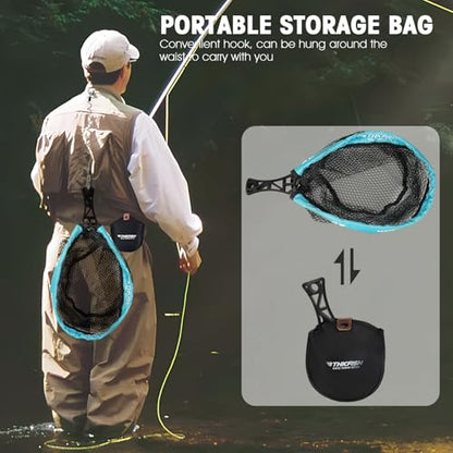 THKFISH Fly Fishing Landing Net, Foldable Landing Trout Net with ABS Handle,Rubber Coated Mesh Trout Net with Tackle Bag for Trout Bass Catch and Release, Portable Fly Fishing Gear,M/L - size: L-BLUE