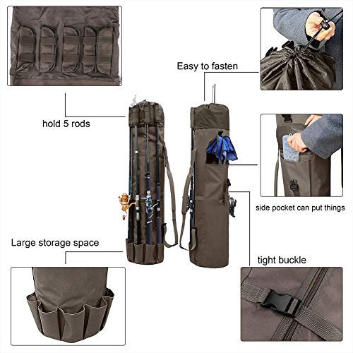 Allnice Durable Canvas Fishing Rod & Reel Organizer Bag Travel Carry Case Bag- Holds 5 Poles & Tackle - color: Khaki