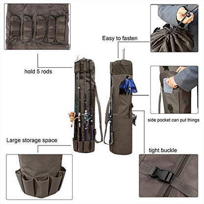 Allnice Durable Canvas Fishing Rod & Reel Organizer Bag Travel Carry Case Bag- Holds 5 Poles & Tackle - color: Khaki