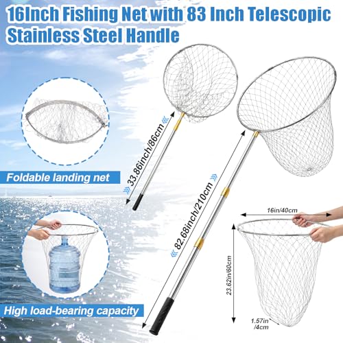 Heavy Duty Fishing Net with 83 Inch Telescopic Stainless Steel Handle 16 Inch Diameter Large Landing Net Foldable Lightweight for Bass Trout Catfish Salmon Steelhead Boat Pier Fishing