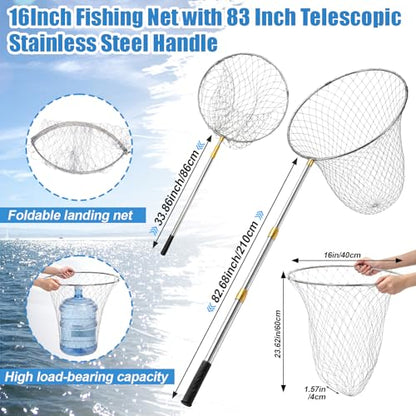 Heavy Duty Fishing Net with 83 Inch Telescopic Stainless Steel Handle 16 Inch Diameter Large Landing Net Foldable Lightweight for Bass Trout Catfish Salmon Steelhead Boat Pier Fishing