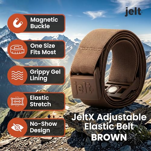 JeltX Adjustable Elastic Belts for Men and Women, Non-Slip Stretch Belt with Magnetic Belt Buckle and Grippy Gel - color: Brown