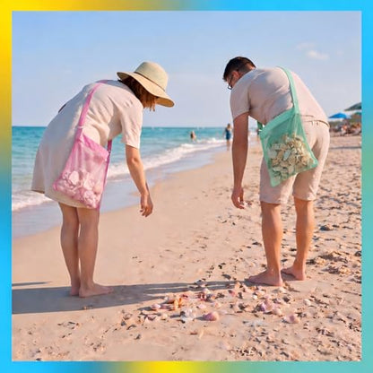 VioraWhite 2 Pcs Extra Large 14 x 16inch Clam Mesh Chum Beach Bags for Seashells Clams Treasures Sand Away Foldable Shell Collection Bags with Adjustable Straps (Pink,Light Green) - color: Pink,Light Green