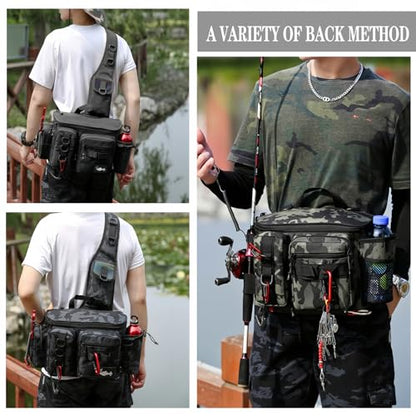 Fishing Tackle Backpack Fishing Fanny Pack Crossbody Bag Fishing Tackle Box Organizer with Rod & Gear Holder, Ideal for Fishing, Camping, Hiking and More!-YIANTU - color: Balck Colour