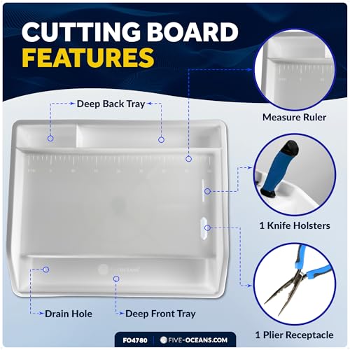 Five Oceans Boat Cutting Board, 17" x 14", White | Bait Cutting Table, Slide Lock Deck & Rail Mount, Knife & Pliers Holder, 3 Deep Trays & Draining Hole, FO4780 - color: Deluxe Bait Cutting Board (Rail & Deck Mount)