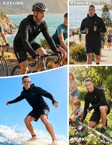 PINSPARK UPF 50+ Sun Protection Hoodie Men with Mask Quick Dry Long Sleeve Fishing Hiking Shirts UV Rash Guard Lightweight - color: Black, size: Small
