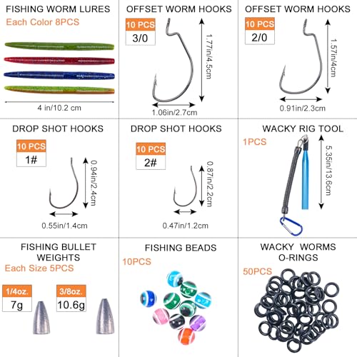 Goture Wacky Worm Fishing Lure Kit with Soft Plastics, Wacky Rig Tools, O-Rings, Worm & Drop Shot Hooks, Beads, Weights & Tackle Box - color: E:143pcs-(4" Soft Worm)&Soft Bait Bag