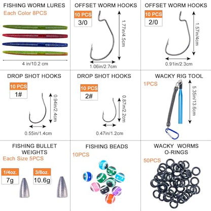 Goture Wacky Worm Fishing Lure Kit with Soft Plastics, Wacky Rig Tools, O-Rings, Worm & Drop Shot Hooks, Beads, Weights & Tackle Box - color: E:143pcs-(4" Soft Worm)&Soft Bait Bag