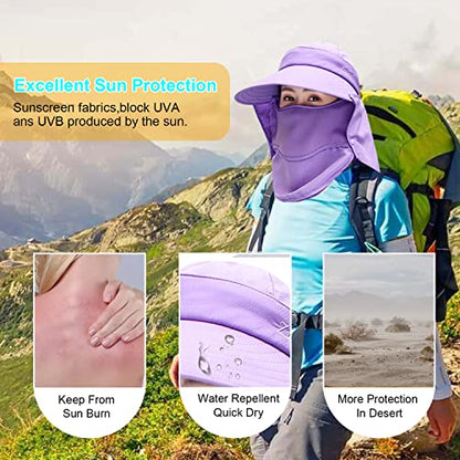 Women Wide Brim Face Mask Sun Hat Detachable Neck Face Flap Ponytail UV Protection Visor Hat Garden Fishing Hiking - color: A5-shun005-purple