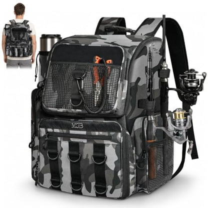 MGB 46L Water-resistant Fishing Tackle Backpack with Rod Holders, Fishing Gifts - color: Grey+black Camo（without Tackle Box）