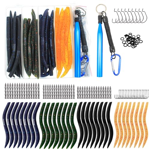Ned Rig Kit for Bass Fishing – 25pcs/40pcs/60pcs/133pcs Finesse Soft Plastic Worms, Stick Baits, Swimbaits Lures with Shroom Ned Jig Heads, Complete Lure Set for Freshwater Fishing - color: 133pcs