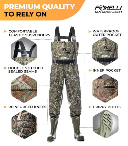 Foxelli Chest Waders – Waterproof 2-ply Nylon/PVC Camo Hunting Fishing Waders for Men and Women with Boots - color: Camo, size: 12