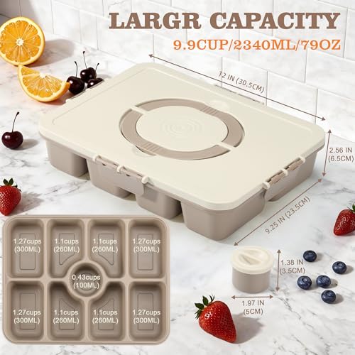 Snackle Box Container, Divided Serving Tray with Lid and Handle, 9 Compartments Snack Box Container for Adults, Portable Charcuterie Serving Platter for Candy Fruit, 9.9 Cups, Brown - color: Brown