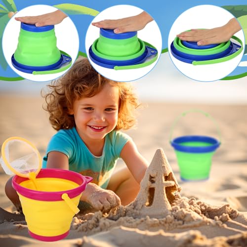2 Pack Telescopic Kids Fishing Net with Handle, 2 Collapsible Bucket Sand Pail, Stainless Steel Foldable Fishing Net Small Fishing Butterfly Bug Net Beach Shovel with Storage Bag - color: Blue Red Yellow Green