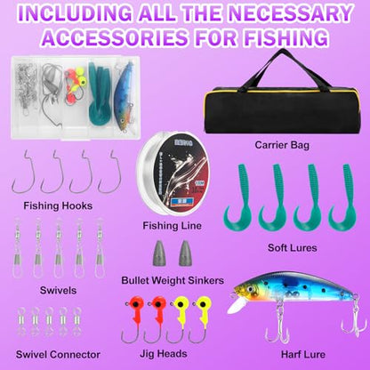 Fishing Rod and Reel Combos, Carbon Fiber Telescopic Fishing Pole Kit with Spinning Reel, Fishing Line, Fishing Lures, Travel Bag for Woman Girl Beginner Saltwater Freshwater - color: DARK PURPLE