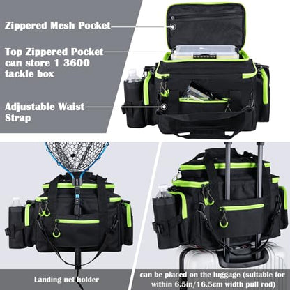 Goture Fishing Tackle Bag with 4pcs 3600 Tackle Boxes, 600D Water-Resistant Soft Side Saltwater Gear Storage Fishing Bag with Rod Straps, Detachable Water Bottle Pouch, Waterproof Bottom, SBS Zippers - color: C2:Black Green with 4 3600 Tackle Boxes, size: