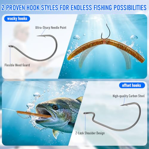 Wacky Worms for Bass Fishing, Fableblis 161Pcs 5.5" Soft Plastic Fishing Lures Kits, Fishing Worm Baits with Wacky Rig Tool, Thick O-Rings, Hooks, Weights, Complete Starter Kit for Freshwater Fishing