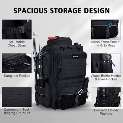 Goture Fishing Backpack with 4 Tackle Boxes,900D Water-Resistant Tackle Backpack with Rod Holders,45L Large Fishing Bag Storage Gear Tackle Bag with Rain Cover,Bottle Holder for Travel Camping Hiking - color: A1:black With 4 Tackle Boxes