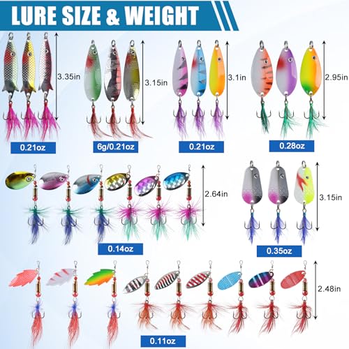 Spinner Baits Bass Lures Rooster Feather Tail Trout Lures Hard Metal Inline Spinner Bait Fishing Lure for Bass Salmon Trout - style: 30pcs Spinnerbaits Kit