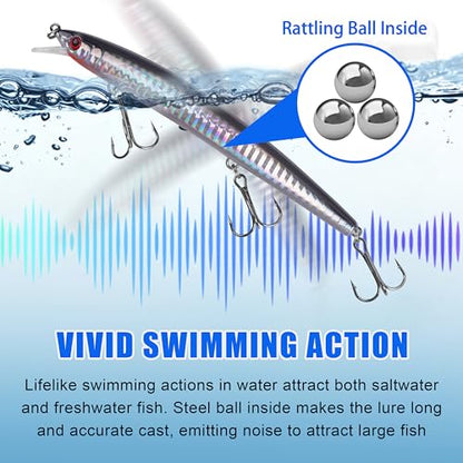 Saltwater Fishing Lures Kit, 6/12pcs Striped Bass Lures Surf Fishing Minnow Lures Deep Diving Jerkbait Popper Plugs Crankbait Fishing Tackle - color: 12PCS