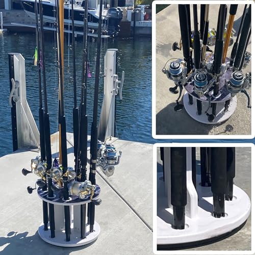 Rush Creek Creations Reel Salty 12-Rod Marine Grade Saltwater Spinning Fishing Pole Holder, Waterproof Round Fishing Rod Holder with 360° Access, Gray/White