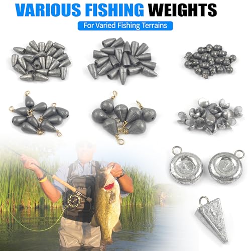 Fishing Sinker Weights Kit,100pcs Various Bass Casting Weight Removable Split Drop Shot Sinkers Pyramid Sinkers Disc Weights Catfish for Saltwater Freshwater Fishing