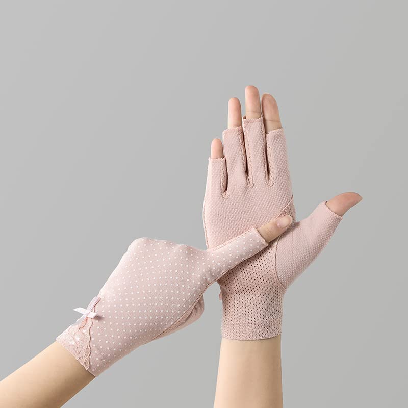 Women Pink Driving Ice-Silk Gloves Sun-UV-Protection Fingerless Gloves for Summer Hiking Cycling Running SPF Lace Glove