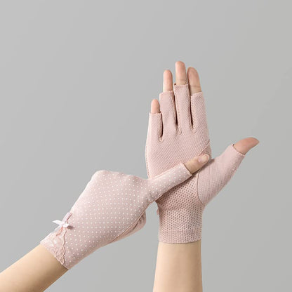 Women Pink Driving Ice-Silk Gloves Sun-UV-Protection Fingerless Gloves for Summer Hiking Cycling Running SPF Lace Glove
