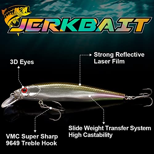XFISHMAN Jerkbait Kit - Minnow Lure - Suspending - Bass, Smallmouth Bass, Walleye, Largemouth Bass - 1 Piece - color: Smokin Shad, size: 110mm（4-3/8"in）