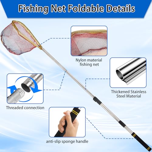 Fish Net, 44-77” Fishing Net Foldable Designed for Catching Trout Netting Fish Shrimp Along Riverbanks and Lakeshores