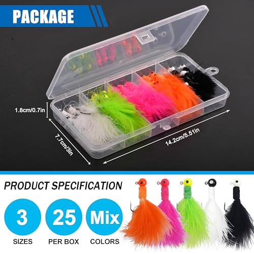 Shaddock Fishing Marabou Jig Heads Kit, 25pcs Crappie Lures Hair Jigs Round Ball Head Hooks Feather Baits for Bass Sunfish Trout Walleye Panfish 1/8oz 1/16oz 1/32oz - size: 25pcs-1/8oz