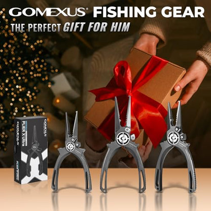 GOMEXUS Fishing Pliers Saltwater with Side Cutters, Never Rust Inshore & Nearshore Titanium Fishing gear with Lanyard & Leather Sheath, Hook Remover, (7'' Split Ring Nose) - color: Split Ring Nose