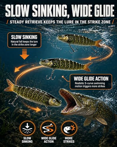 8-Segment Swimbait with High-Carbon Steel Hooks, 5.4" Lifelike Jointed Fishing Lure with Built-in Rattle & 3D Eyes, Magic Wiggling Action Swimbaits for Bass Trout Pike Walleye, Freshwater Saltwater